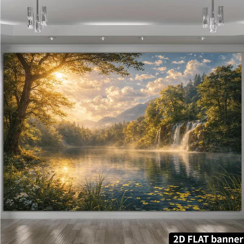 2D Printed Lake Waterfall Backdrop Forest Sunrise with Lily Pads Background Cloth