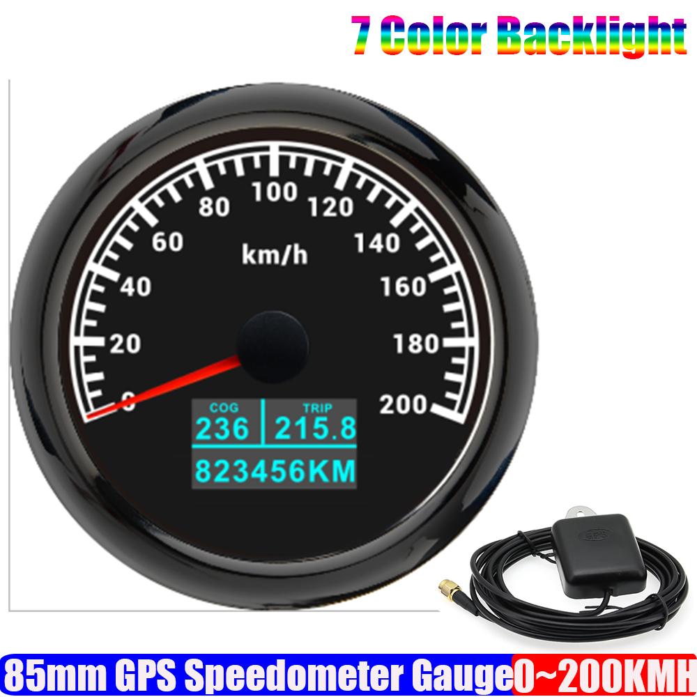 7 Color LED Auto Car 85mm GPS Speedometer Gauge with GPS Antenna 30KMH,60KMH,120KMH,200KMH Marine Boat Yacht COG TRIP Odometer