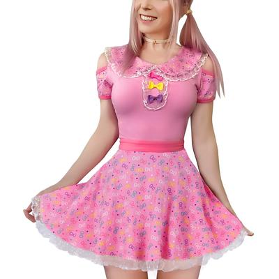 LittleForBig Adult Romper with Bow and Skirt (2-Piece Set) [Meow Meow] with Special Sleeves and Lace Hem, Cotton Pajamas, Size 4XL