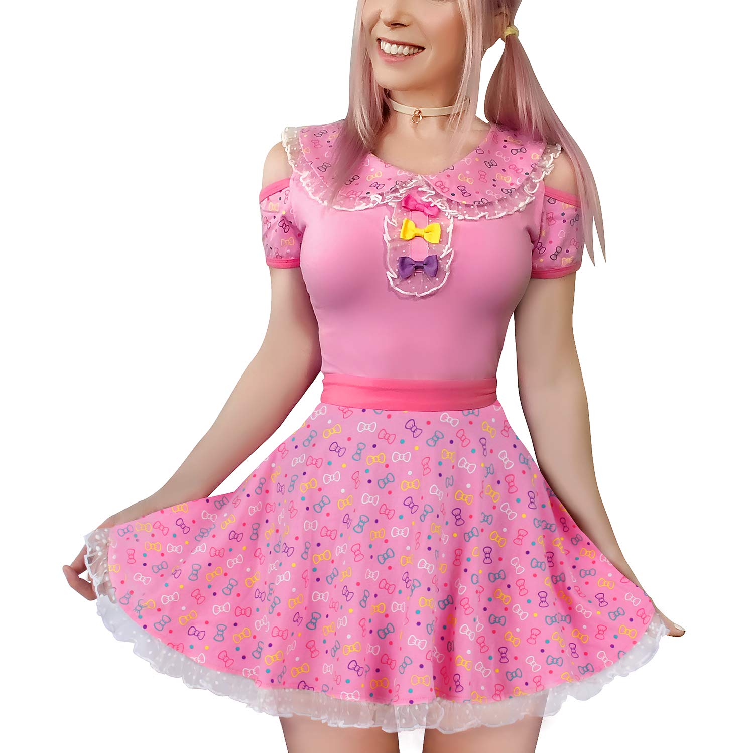 

Взрослый ромпер LittleForBig с бантом и юбкой (Набор из 2 предметов) [Мяу Мяу] со Специальными Рукавами и Кружевной Отделкой, Хлопковая Пижама, Размер 4XL