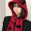 Korean Ins Style Black White Striped Wool Blend Knit Scarf Hat With Ear Protection