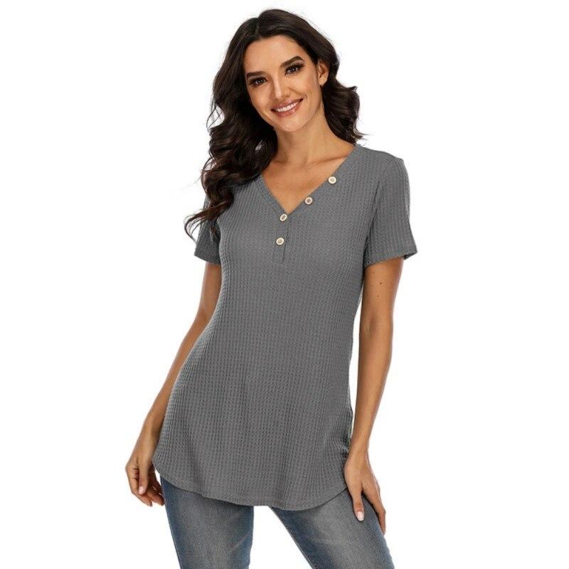 

Женская футболка с вафельными пуговицами и v-образным вырезом / Повседневная женская одежда с короткими рукавами и вафельными пуговицами S