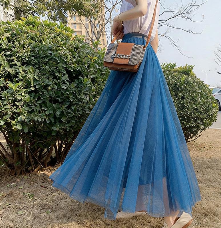 Women's High-Waist Mid-Length Pleated Mesh Skirt