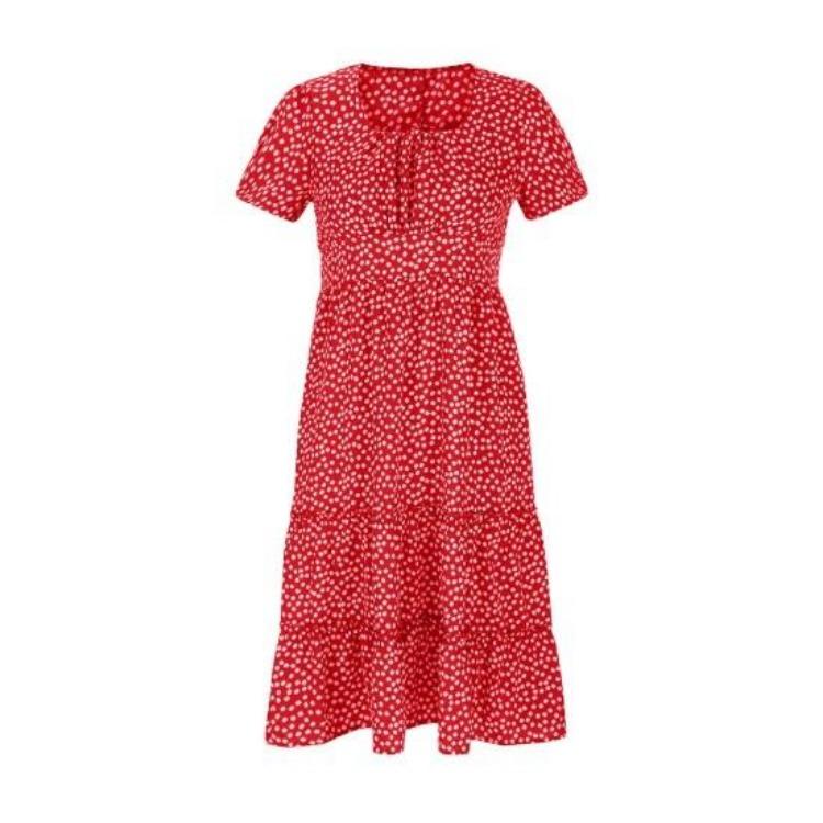 Women Flowy A-line Midi Dress Small Flower Print Patchwork Square Neck Short Bubble Sleeves Pleated Shirring Dating Vacation Dress