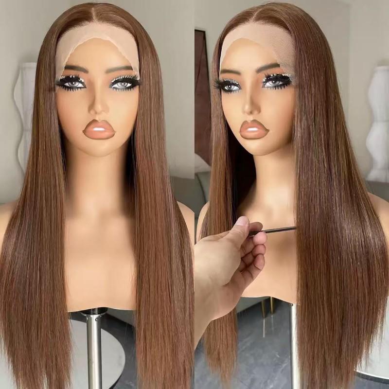Womens Wine Red Middle Part Long Straight Wig Synthetic Heat Resistant Fiber Full Cap Daily Wear