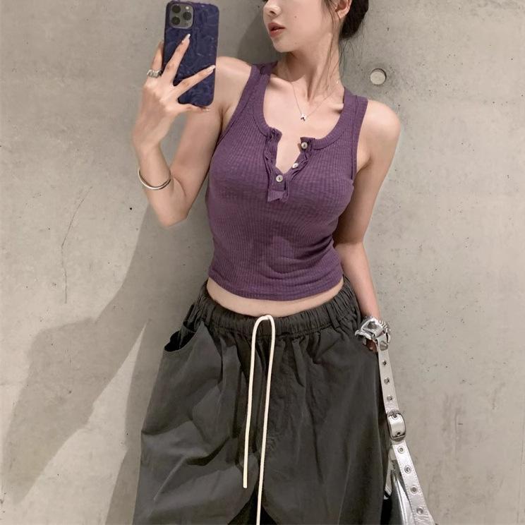 Summer Women's New YK American Retro Spice Girl Sexy European and American Style Button Collar Slim Sling Vest Top