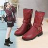 Shoes Women's Leather Boots Retro Belt Buckle Mid Calf Boots Round Toe 2025 New Water Proof Casual  Boots Women Botas De Mujer
