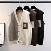 Striped Asymmetrical Spliced Pocket Vintage V-Neck Knitted Women's Sweater Vest Buttons Korean Fashion Sleeveless Female Jumpers