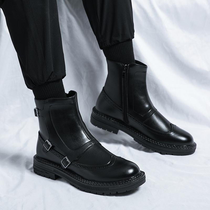 Men's round headed high top leather shoes Fashionable and versatile design styles party activities casual motorcycle men's boots