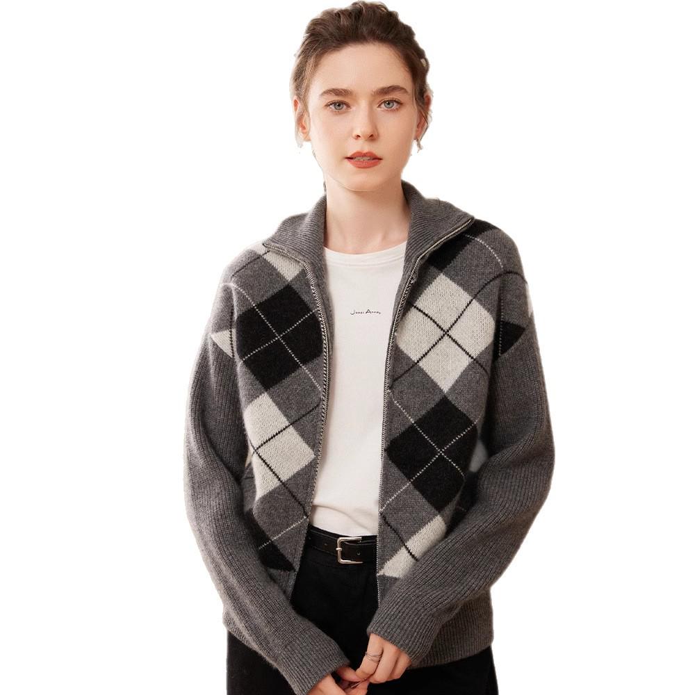 Women's Long Casual Cashmere Knit Cardigan - Diamond Zipper, Versatile, Warm, Comfortable, Soft, Loose, Thick Coat