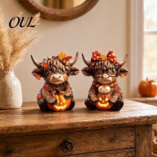 Wooden Base Ornament 2PCS Highland Cow Ornament, Rustic Style Figurine, Thanksgiving Sculpture Theme Wood Art, for Entrance Living Room Decor