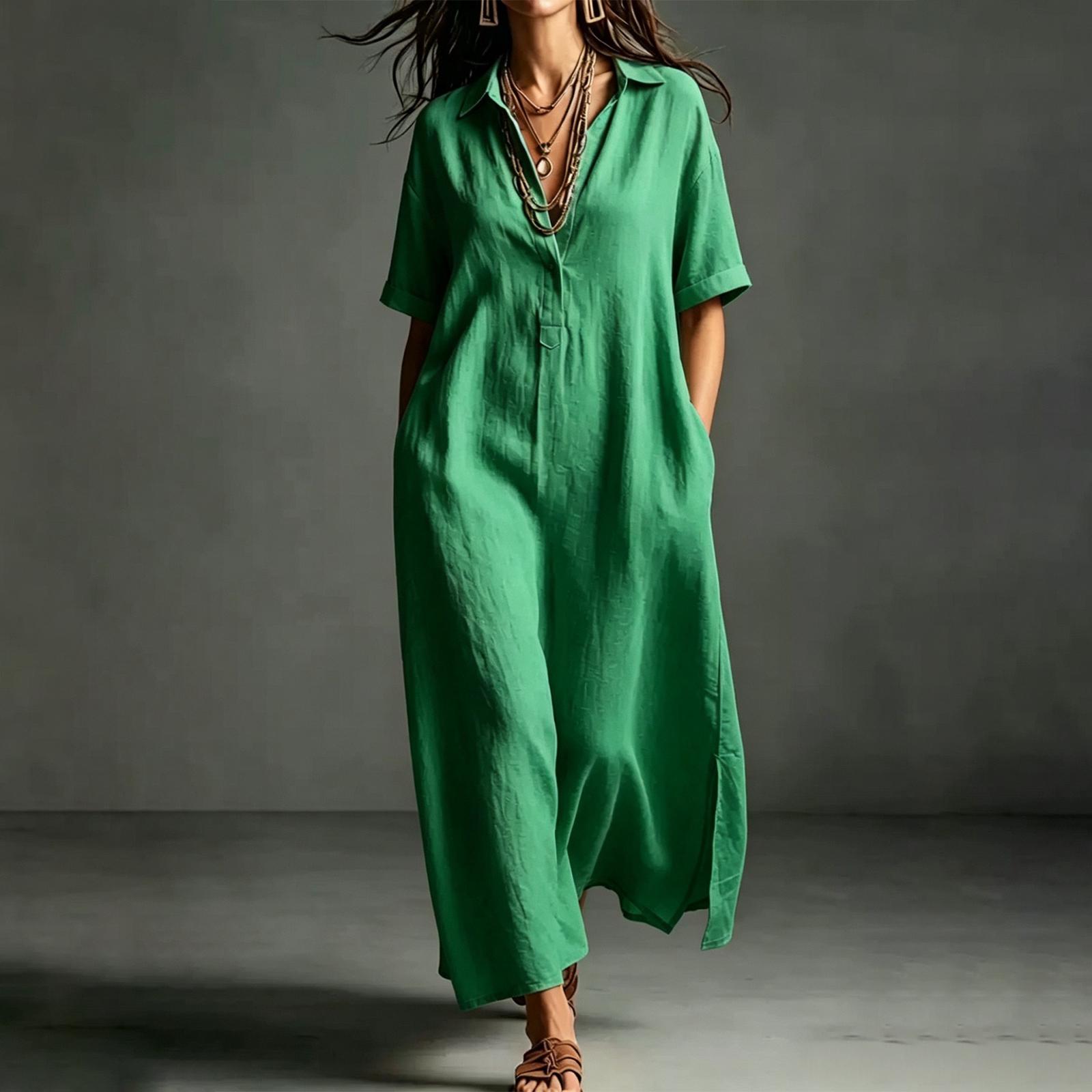 

Women Summer Casual Short Sleeve Dress Loose Fit Polo Collar Long Dress with Side Pockets Lightweight Comfortable M зелёный
