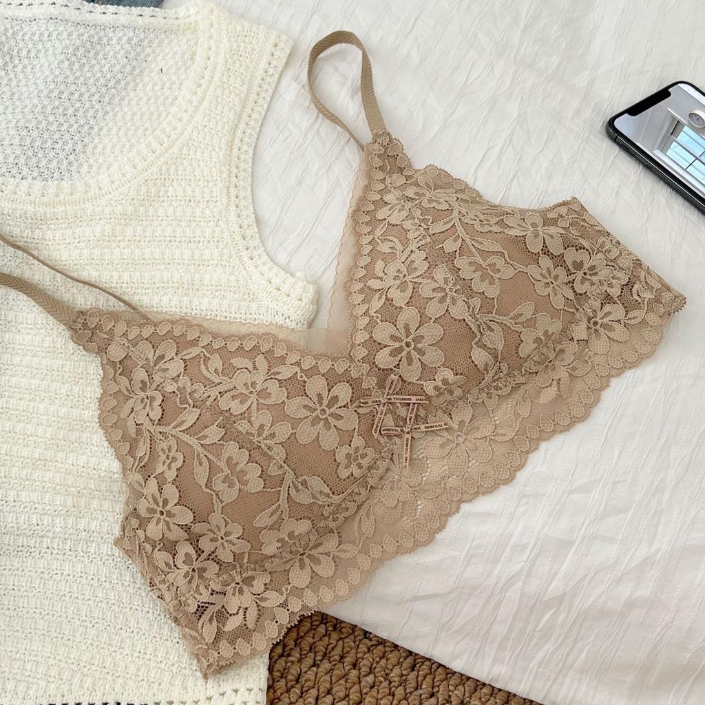 French Triangle Cup Sexy Lace Underwear Women's Suspender Beauty Vest Deep V Gathering Tub Top Breathable Vest Bra Cover