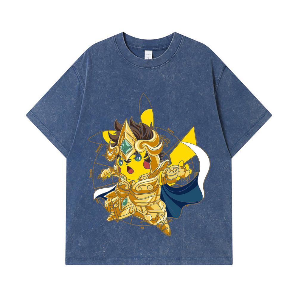 275 GSM Washed T-shirts 100% Cotton Pokemon V25 Pikachu Leo Print Unisex Heavy Cotton T Shirt