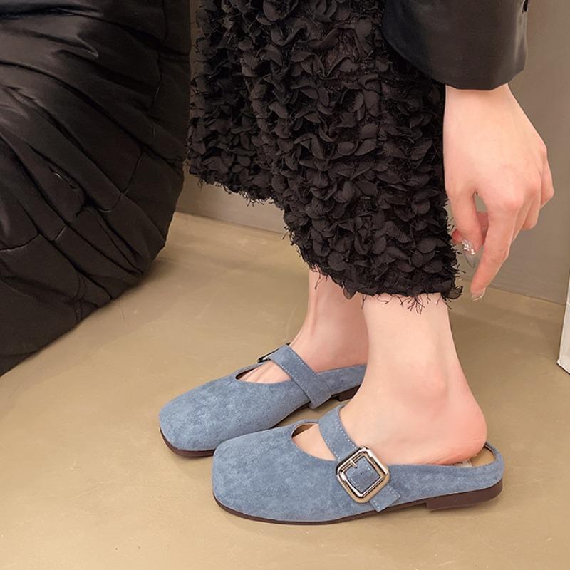 Mode Damskor Tofflor med Mjuk Sula Vår Ny Stil Fyrkantig Tå Låg Utskärning Nötsuede Metallspänne Mjuk Sula Halkfria Skor