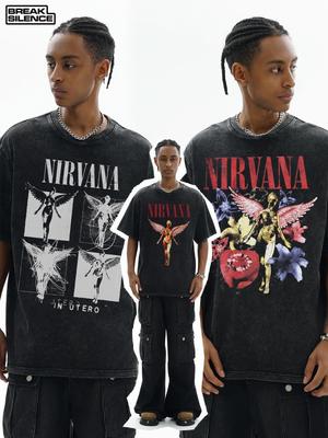 Vintage NIRVANA Amerykański Retro Ciężka Bawełna Prana Krótki Rękaw Męska Koszulka
