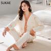 SUKAE New M-5XL Autumn Winter New Cotton Women Pajamas Lady Pijamas Set Loungewear Kimono Cardigan Long Sleeves V-neck Homesuit