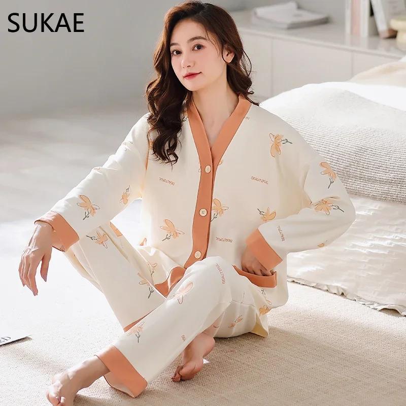 SUKAE New M-5XL Autumn Winter New Cotton Women Pajamas Lady Pijamas Set Loungewear Kimono Cardigan Long Sleeves V-neck Homesuit