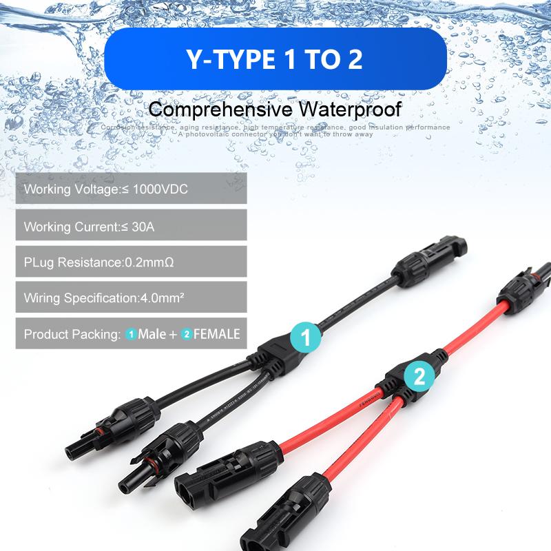 1ks napájecí solární konektory 30A Y-odbočný kabel, paralelní adaptér solárního kabelu v páru pro solární panel 1*M/FF+1*F/MM černá červená