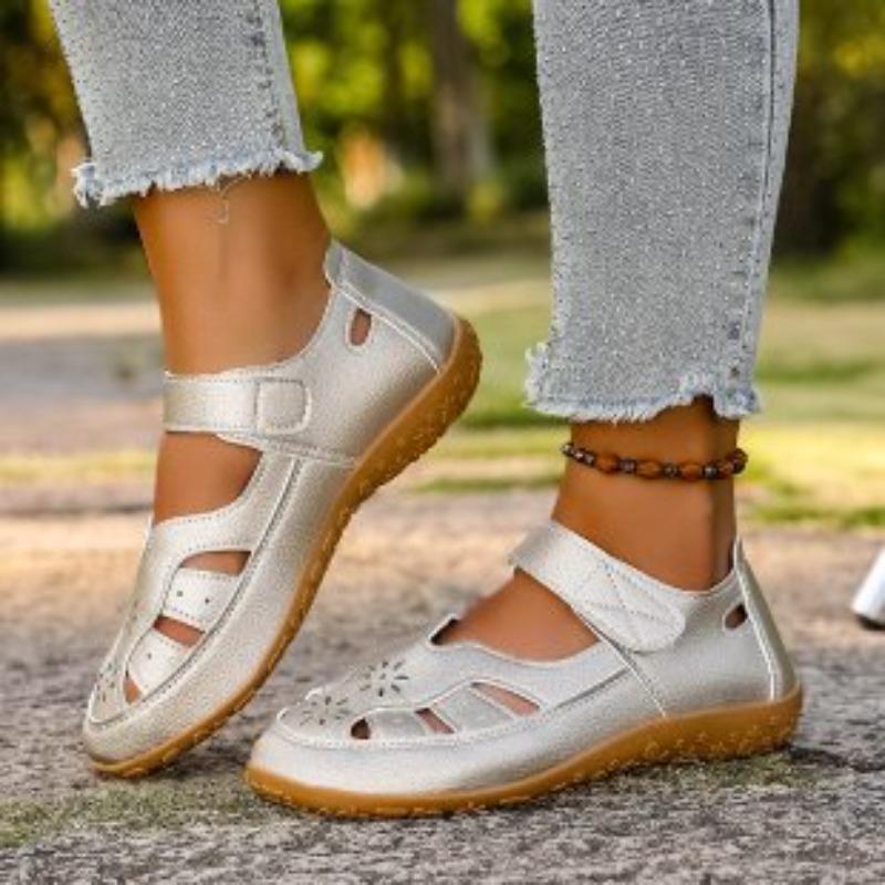 New Large-sized Hollowed-out Sandals for Women, Casual Flat, Button-toe, Wedge Heel Velcro Shoes