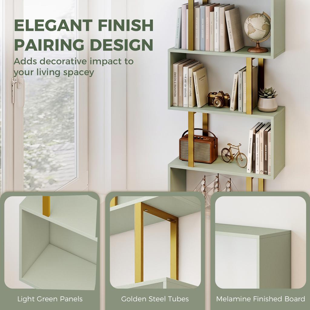 S Shaped Bookshelf 6 Tier Bookcase Freestanding Storage Shelves With Anti Tip Strap For Living Room Light Green