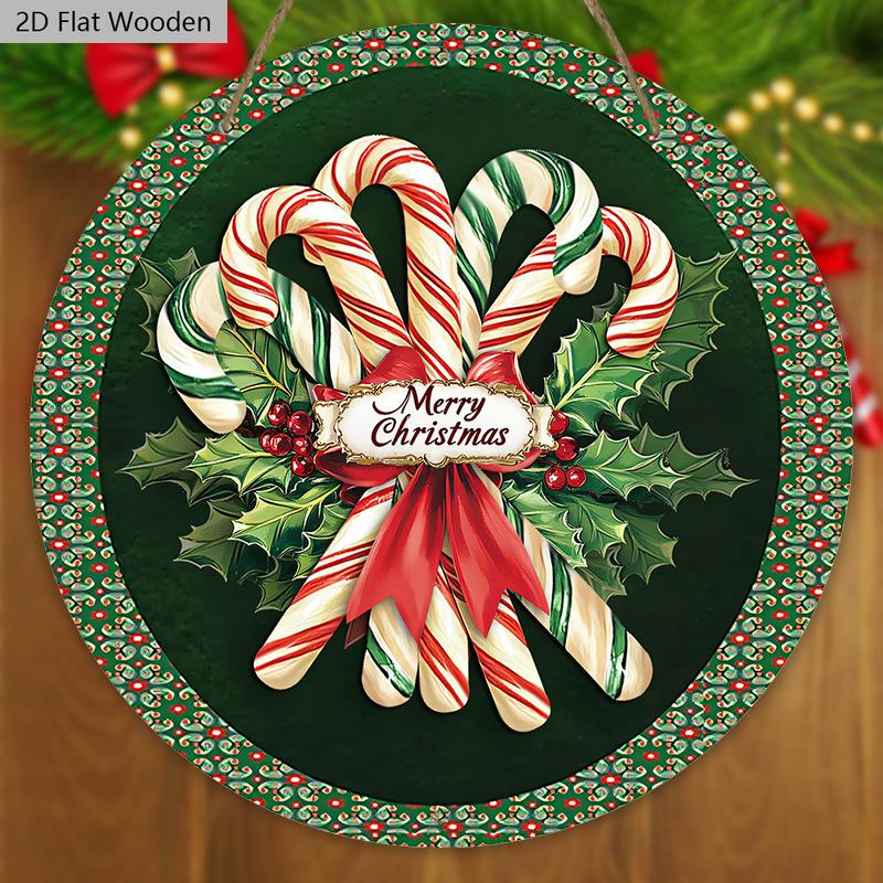 Classic Christmas Wooden Sign with Candy Canes Pattern - Navidad Round Sign for Front Door, Wall Hanging Decor - Ideal Christmas Gift