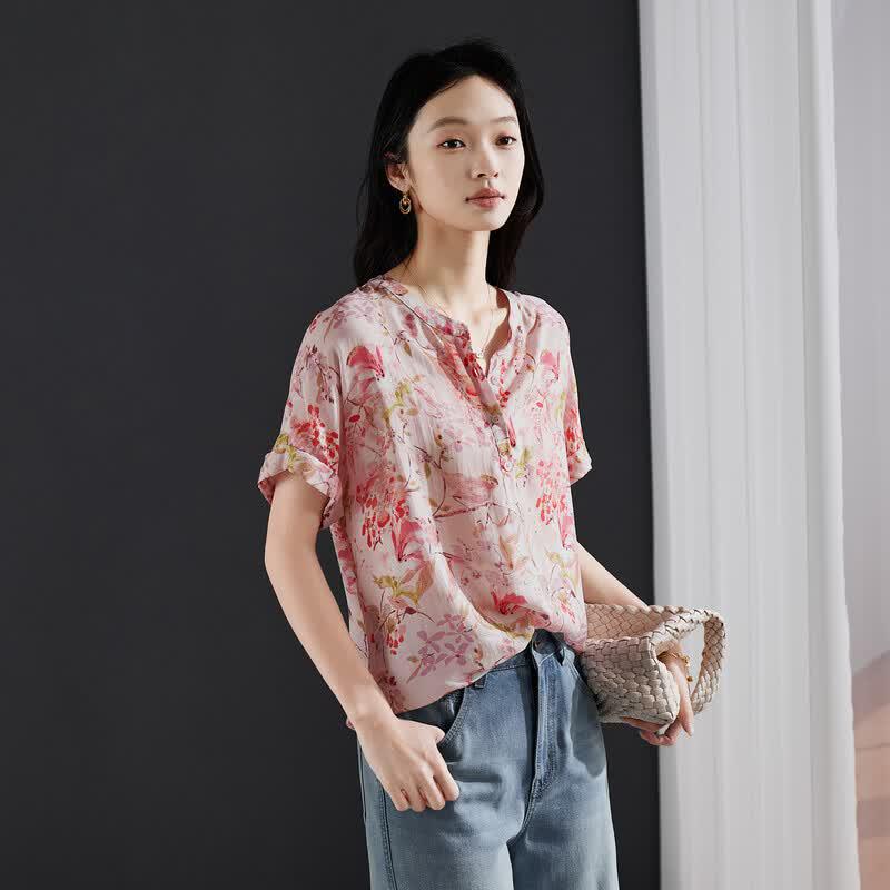 SOFSIL Women's Summer Printed Rolled Sleeve Blouse