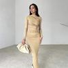 Figurbetontes Kleid für Damen Mock-Neck Langarm Midi-Kleid Gerafft Slim Fit Party Cocktail Formelles Kleid Herbst Hochzeitsgastkleid