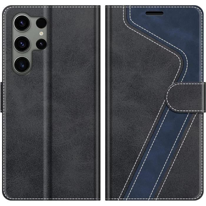 Hülle und gehärtete Gläser für Samsung Galaxy S24 Ultra - Lederoptik - Kratzschutz - Marineblau-Schwarz