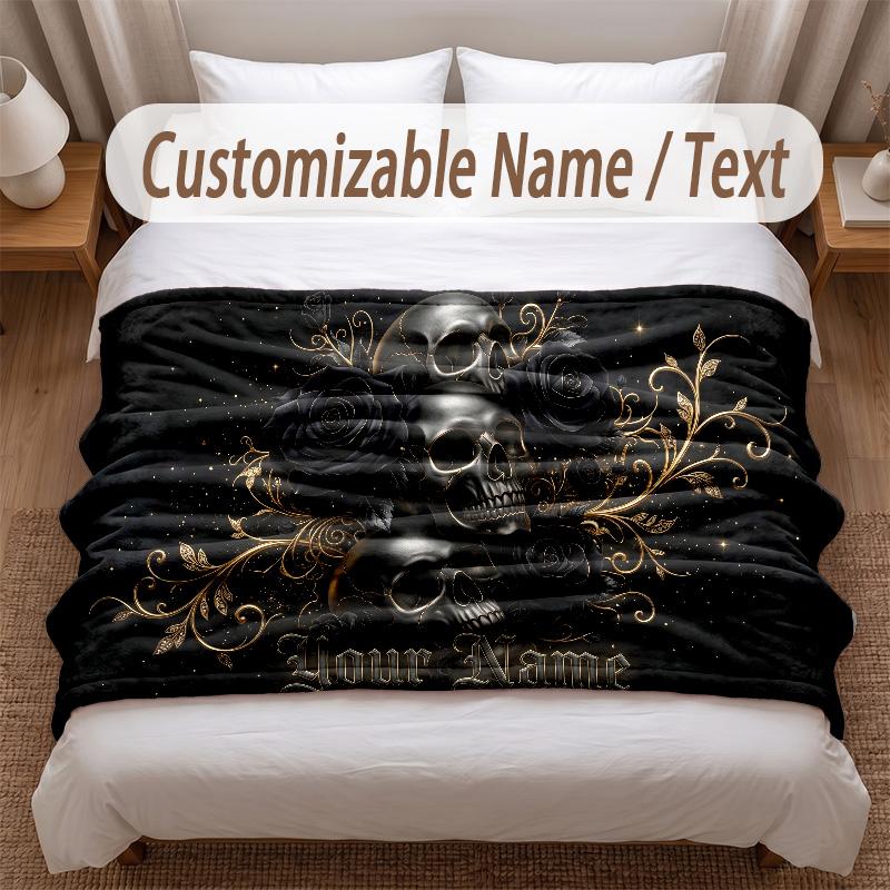 Skull Gothic Theme Soft Blanket Personalized Custom Name Text Print Warm Blanket Home Sofa Bedroom Decor