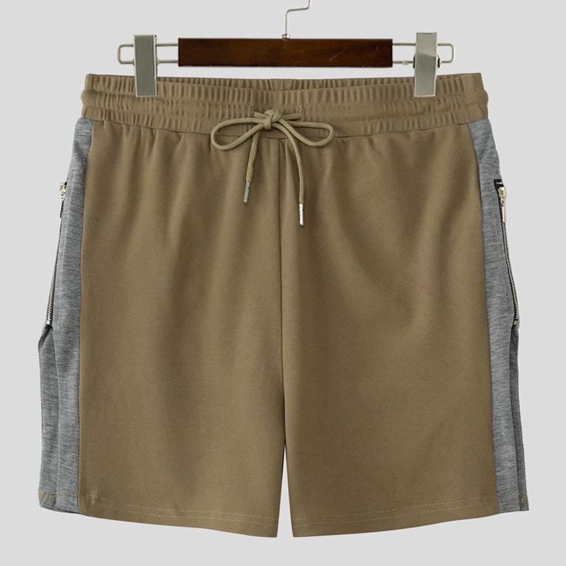 

INCERUN Men Drawstring Elastic Waist Stitching Side Splits Zipper Sport Casual Hot Shorts 3XL хаки