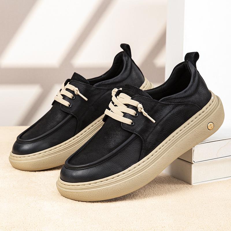 2025 Autumn Men's Height-Boosting Thick-Soled Leather Skate Shoes - Comfortable, Fashionable Lace-Up Design