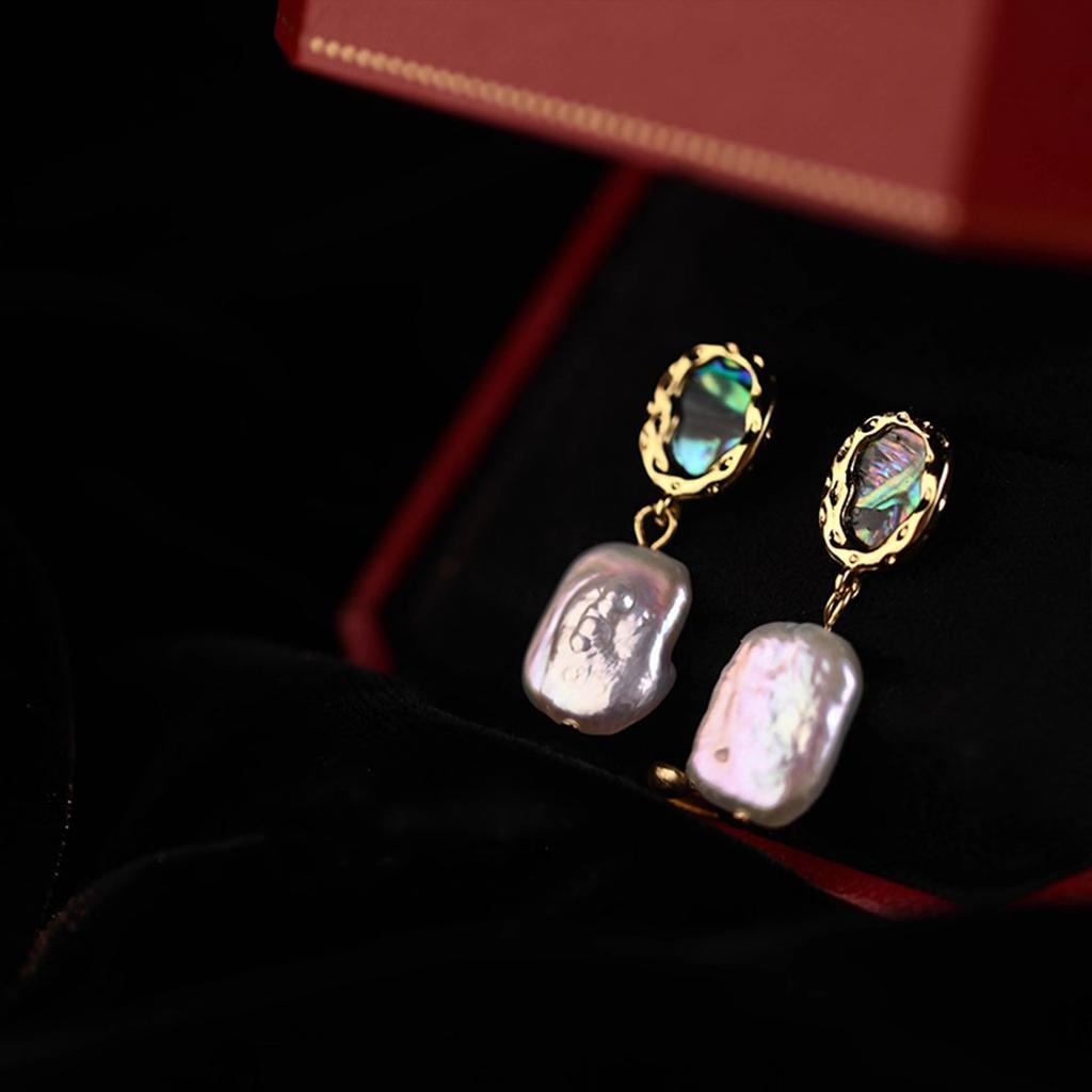 Retro Square Natural Pearl Pendant Earrings for Women's High-end Sense Colorful Abalone Shell S925 Silver Needle Earrings 2026