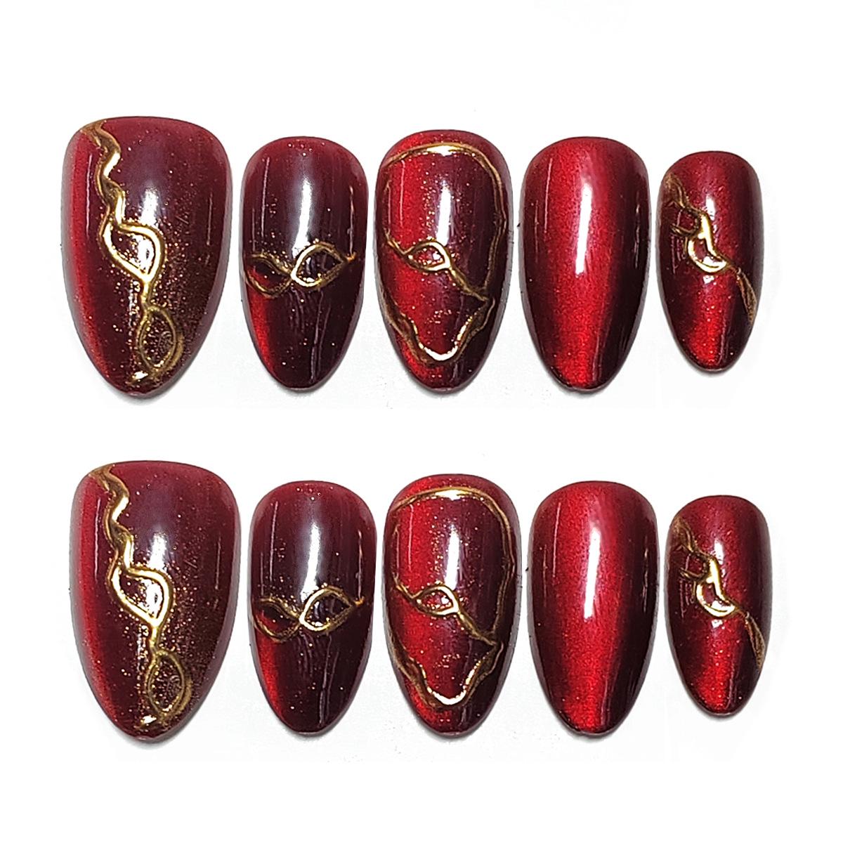 Cat Eye Glass Beads Red Wearable Nail Art - High-End Handmade Short Nails for New Year Size M