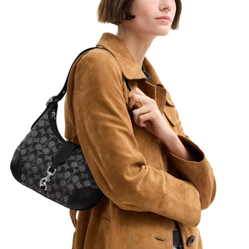 Coach Hamptons 26 Borsa a Spalla in Pelle con Logo Media Donna Nera