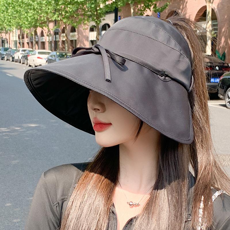 Sun hat summer girl cute bow sunscreen hat big brim cover face can tie ponytail empty top fisherman hat