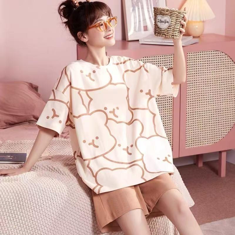 GMXIA Cute Panda Pajamas for Women In Summer, Short Sleeves and Shorts, Large-sized and Thin Summer Casual Home Wear Set
