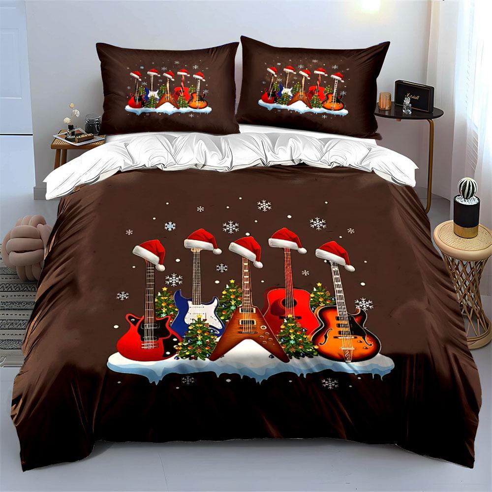 Christmas Guitar Snowflake Theme Bedding Duvet Cover Set Duvet Cover Pillowcases (1*Duvet Cover 2*Pillowcases, without duvet insert)