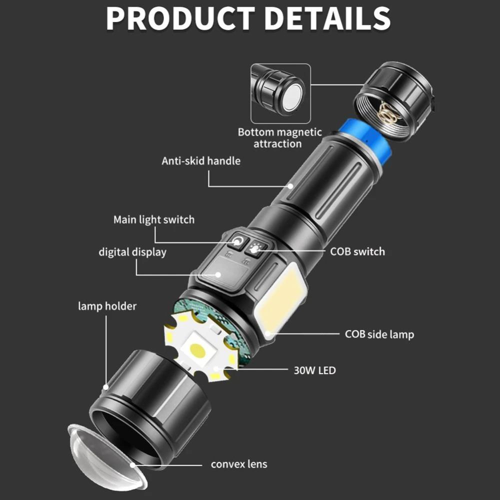 30W LED Rechargeable Flashlight 2000 High Lumens Torch with COB Light Handheld Flashlight for Home Camping Hiking Emergency