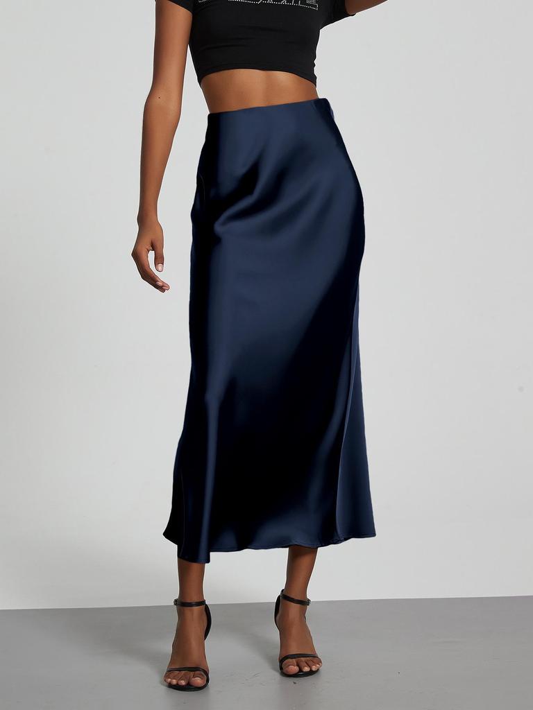 Elegant European and American Style Women's Satin Midi Skirt – Smooth, Slim, and Silky Texture for Summer
