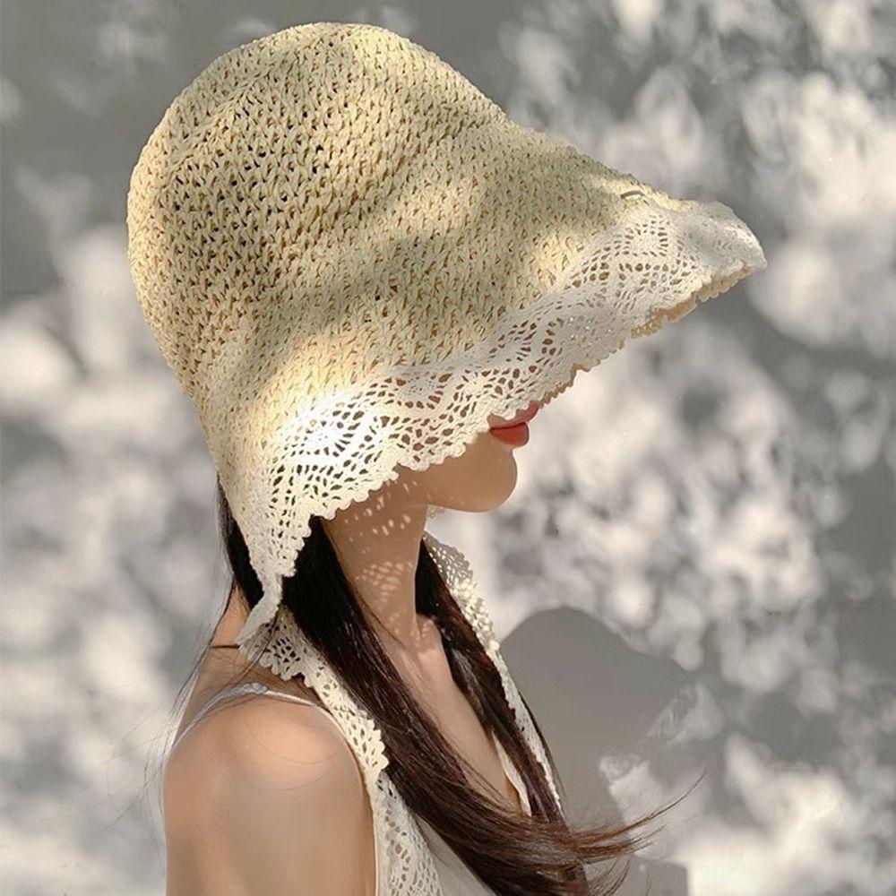 Large Edge Summer Lace Sun Hat Wide Brim Panama Cap French-style Straw Hat  Outdoor Travel
