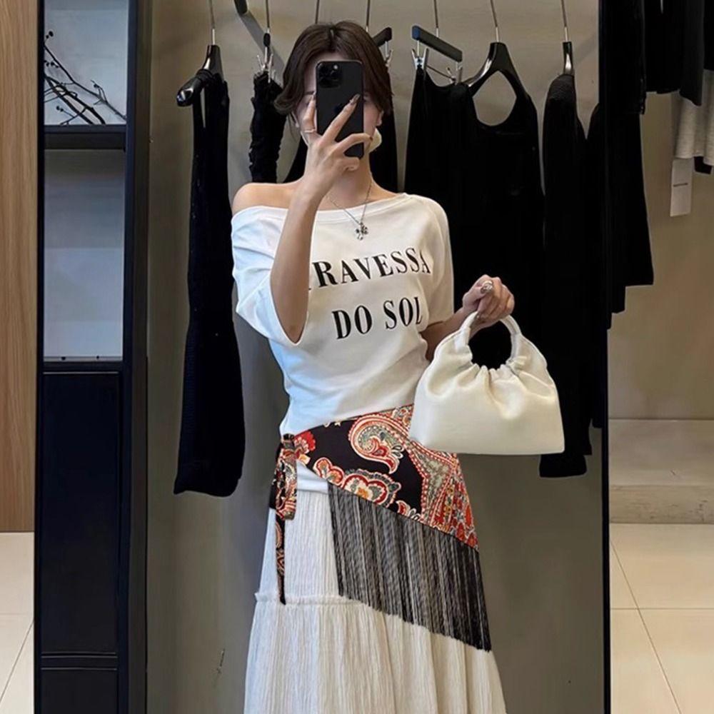 Ethnischer Dreieckiger Bund Quasten Saum Rock mit Breitem Gürtel Kleid Jeans Dekor