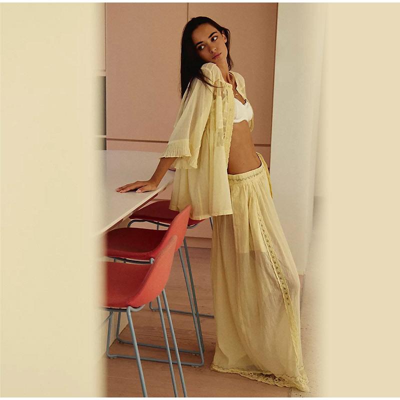 Lace Floral Top Pants Set Women Solid See Through Tops Loose High Waist Straight Leg Long Trousers 2025 New Lady Elegant Suits