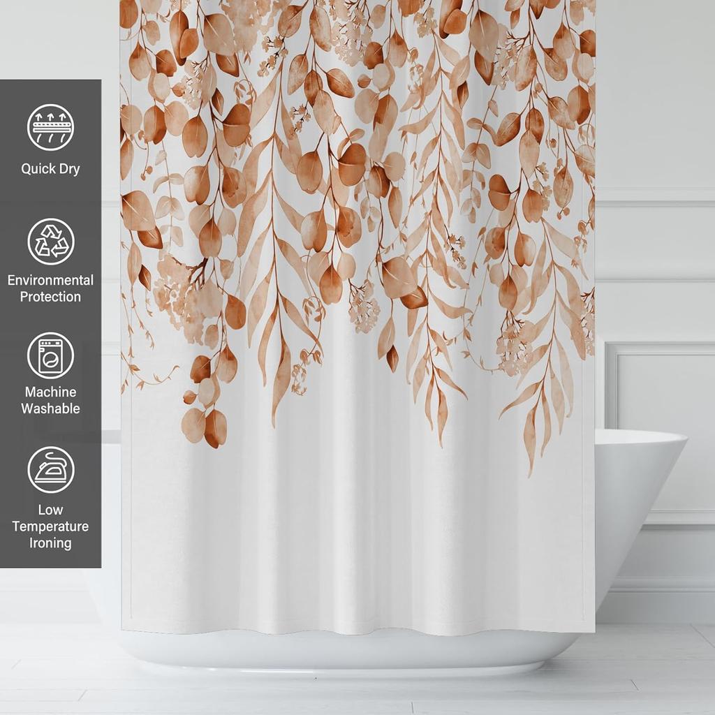 Rustic Brown Leaf Shower Curtain with Hooks, Watercolor Botanical Eucalyptus Bathroom Decor, Boho Farmhouse Waterproof Polyester