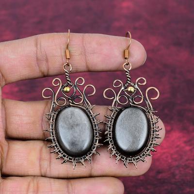 Silver Sheen Obsidian Earrings Copper Wire Wrapped Jewelry Real Gemstone Earring