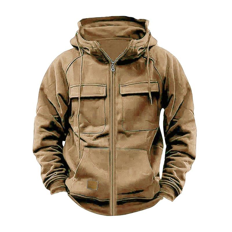 Men S Hooded Solid Color Loose Fit Multi Pocket Zip Sweatshirt