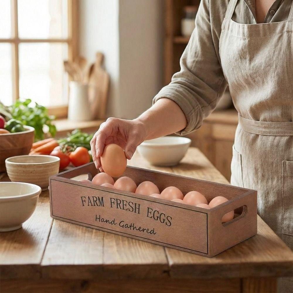 Open-Top Lid Egg Storage Box Rustic Stackable Egg Holder Wood Egg Case Pantry Storage