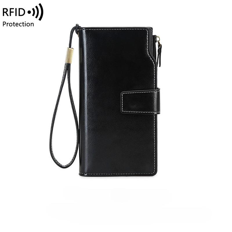 Women PU Leather Long Wallets RFID Antitheft Clutch Zipper Coin Pocket Oil Wax Retro Wallet High Quality Female Card Holder Coin Purse