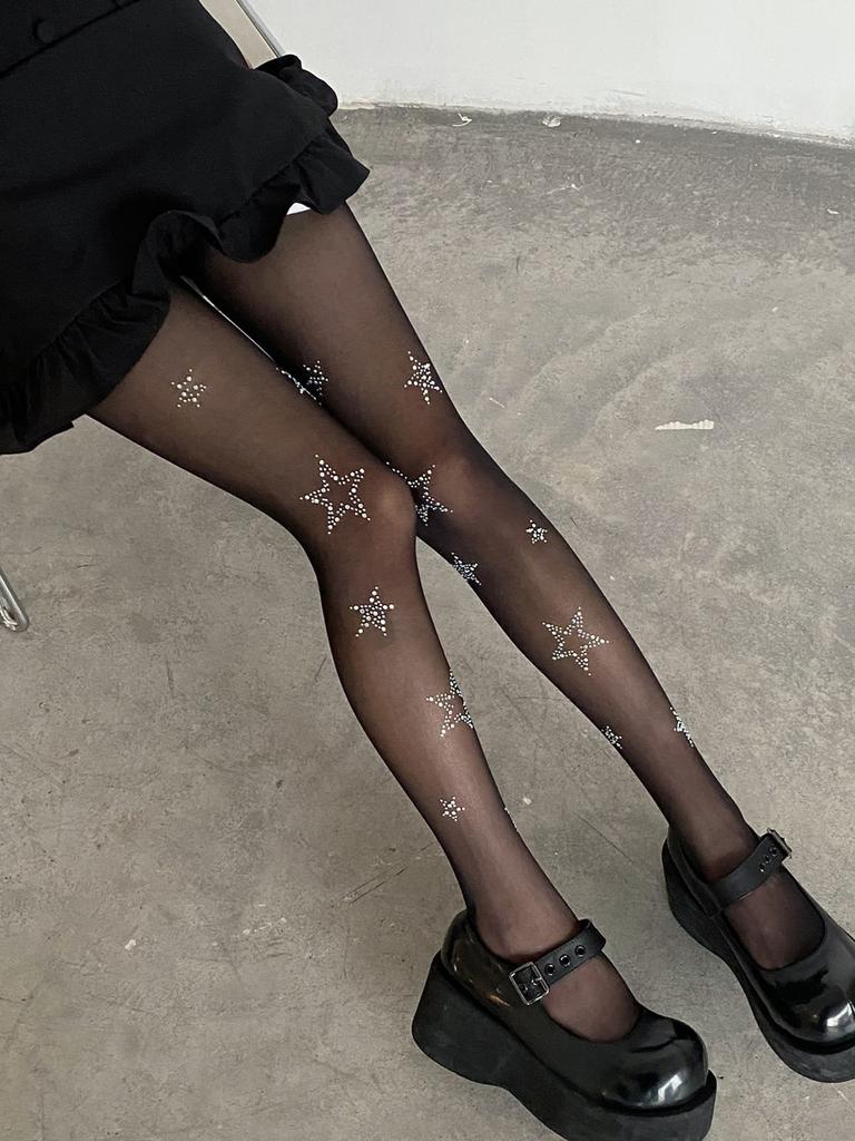 Damen Strumpfhose mit Strassstern Transparent Schwarz Dünn Hohe Elastizität Gothic Party Glitzernde Strumpfwaren
