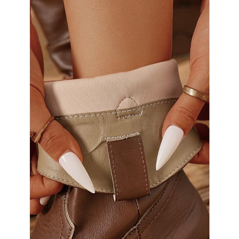 Women's Plus-Size Brown Fleece-Lined Mid-Calf Leather Boots - Autumn/Winter, European and American Style, Square Heel, Fashionable